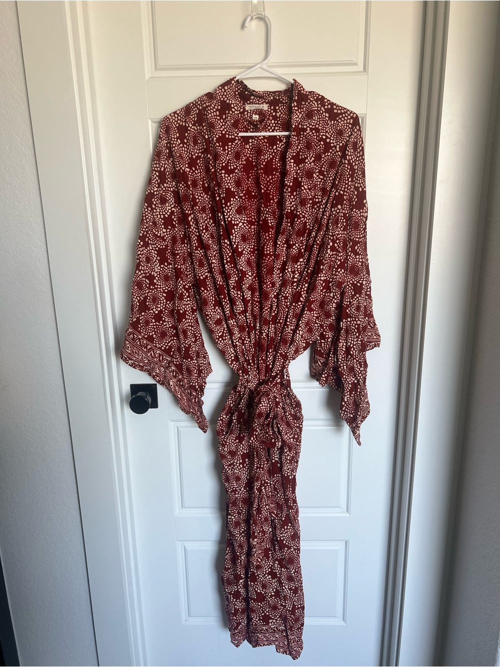 Long Burgundy Floral Wrap Robe with Tie Waist - Picture 4 of 8